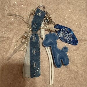 Blue Giraffe Keychain with Denim and Pearl Accents